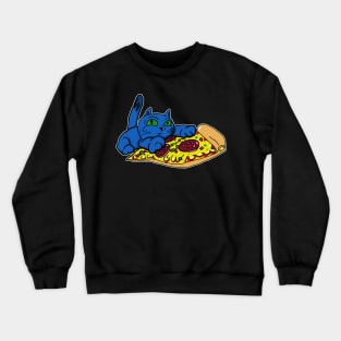 Blue Cat with Green Eyes and a Slice of Pizza Crewneck Sweatshirt